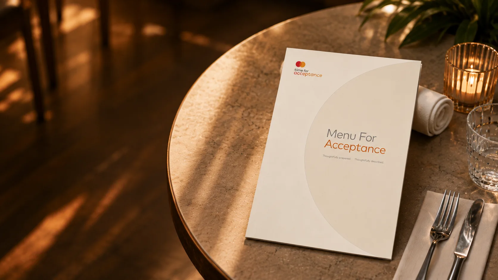 Restaurant table set with a Mastercard sensory menu